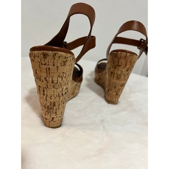Steve Madden Eda Brown Cork Wedge Sandals Women’s Size 9.5 Peep Toe Platform - Picture 4 of 5